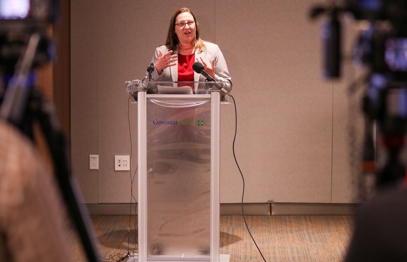Dr. Lara Johnson, chief medical officer for Covenant Health Hospital in Lubbock, speaks about the recent measles outbreak during a press conference, Wednesday, Feb. 26, 2025.