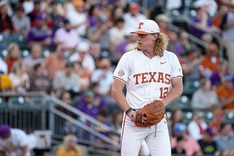 Texas Longhorns pitcher Jared Spencer (12) steps up to the mound to pitch during the game against LSU at UFCU Disch-Falk Field on Friday, March. 21, 2025.