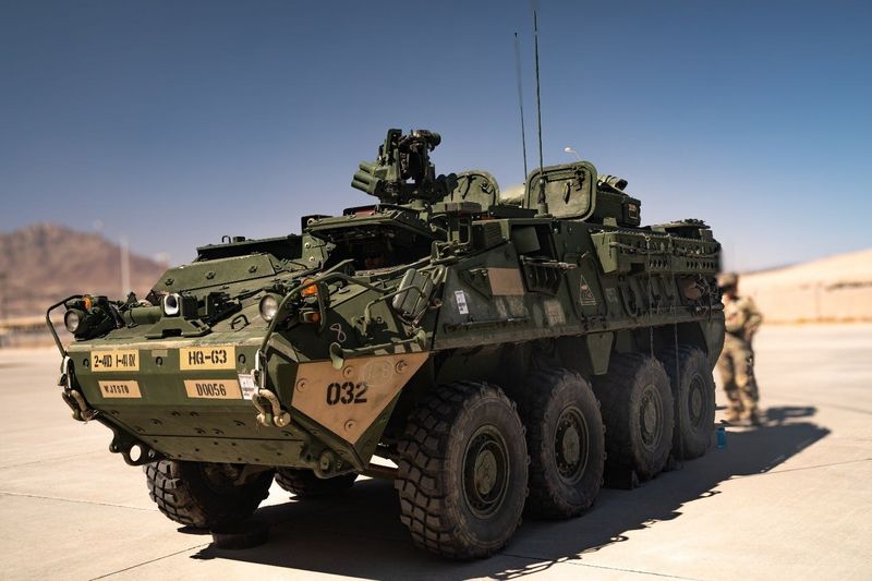 A U.S. Army Stryker armored vehicle in Fort Bliss, Texas, on March 24, 2025, is part of military forces deployed to assist with border security along the Mexico border in the El Paso and Big Bend border regions of Texas as part of Joint Task Force Southern Border.