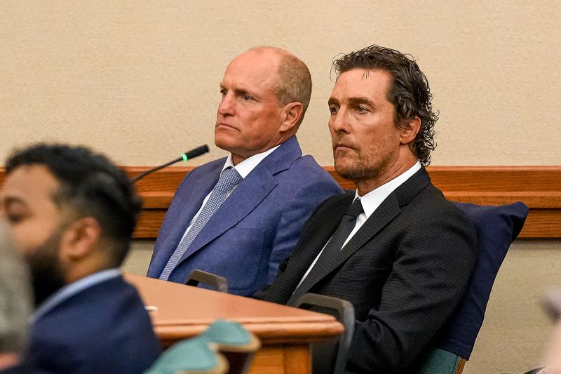 Actors Woody Harrelson, left, and Matthew McConaughey, right, wait to testify during a Senate Finance Committee hearing on Senate Bill 22 at the Texas Capitol on Monday, March 31, 2025.