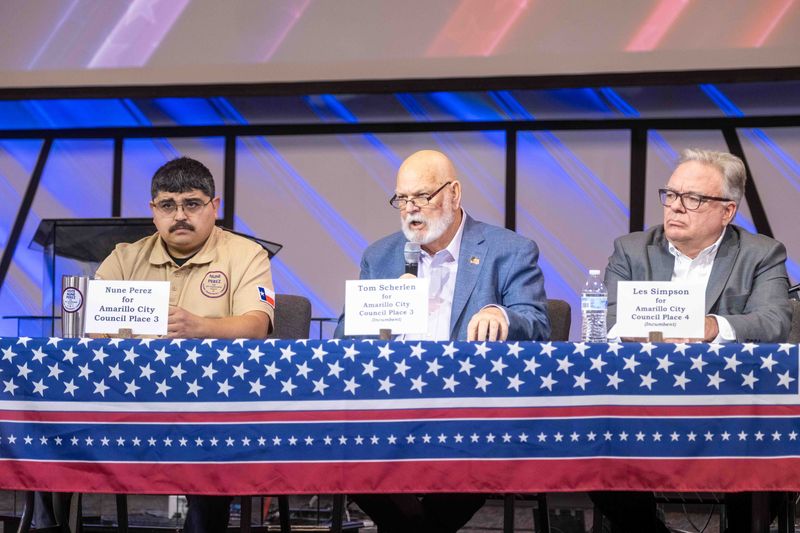 Councilmember Tom Scherlin talks about his plan if reelected Tuesday at an Amarillo candidate debate hosted at the First Family Church Auditorium in Amarillo.