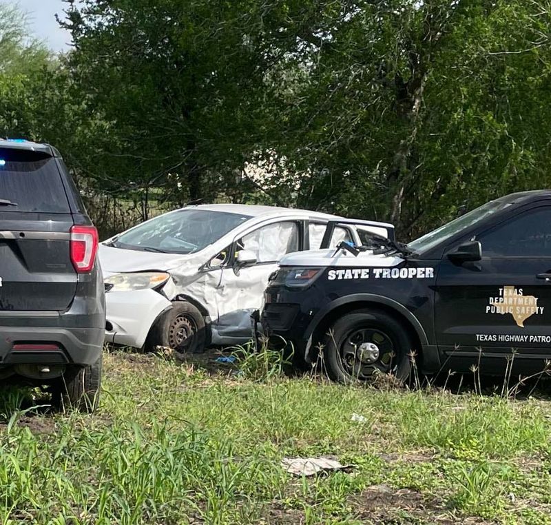 A white Nissan driven by Rob Thomas Garza, 27, is seen after Garza fled a Corpus Christi police traffic stop, was pursued by Texas Department of Public Safety troopers and Nueces County Precinct 5 deputy constables, and exchanged fire with the officers on Wednesday, April 2, 2025, in Sandia, Texas. Garza was shot by the officers and hospitalized, but no troopers or deputy constables were wounded.
