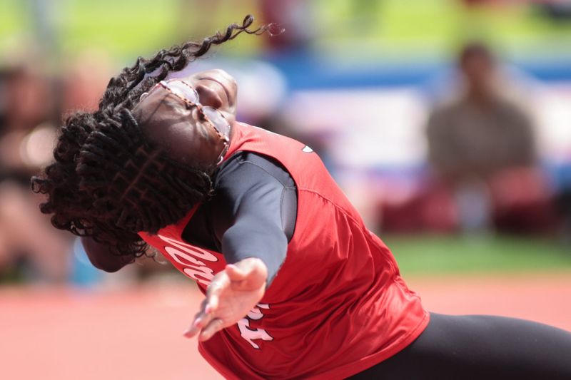 Lubbock-Cooper's Niomi Wines competes in the high jump at the District 3-5A track and field meet at Lowrey Field at Plainscapital Park, Thursday, April 3, 2025.