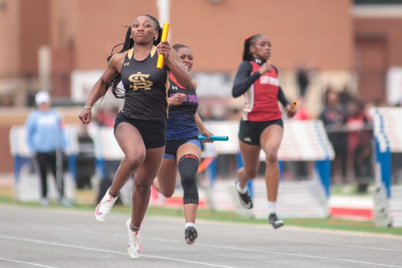 Amarillo competes in the 4x100 meter race during the District 3-5A Track and Field Championships at Lowrey Field at Plainscapital Park, Thursday, April 3, 2025.