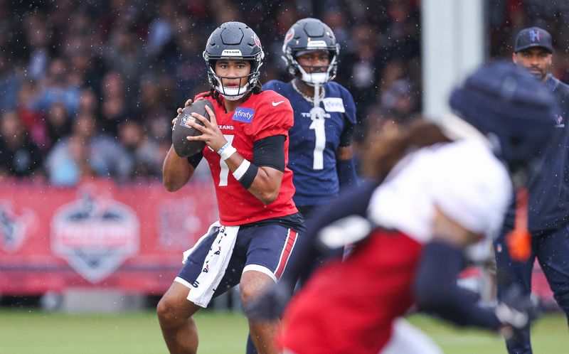 Jul 27, 2024; Houston, TX, USA; Houston Texans quarterback C.J. Stroud (7) during training camp at Houston Methodist Training Center. Mandatory Credit: Troy Taormina-USA TODAY Sports