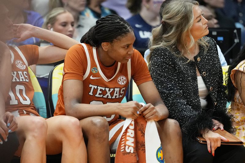 Texas Longhorns forward Madison Booker (35) reacts in the fourth quarter to the 74-57 loss against the South Carolina Gamecocks in the NCAA semi-final game at Amalie Arena in Tampa, Florida, Friday April 4, 2025. The Longhorns lost 74-57 to South Carolina.