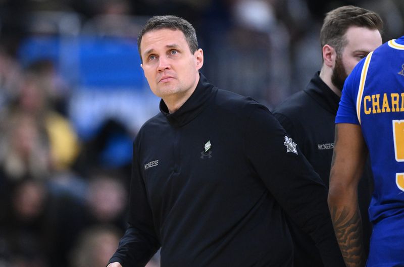 Mar 22, 2025; Providence, RI, USA; McNeese State Cowboys head coach Will Wade during the second half of a second round men’s NCAA Tournament game against the Purdue Boilermakers at Amica Mutual Pavilion. Mandatory Credit: Brian Fluharty-Imagn Images