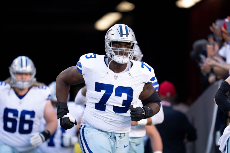 October 8, 2023; Santa Clara, California, USA; Dallas Cowboys offensive tackle Tyler Smith (73) before the game against the San Francisco 49ers at Levi's Stadium. Mandatory Credit: Kyle Terada-USA TODAY Sports