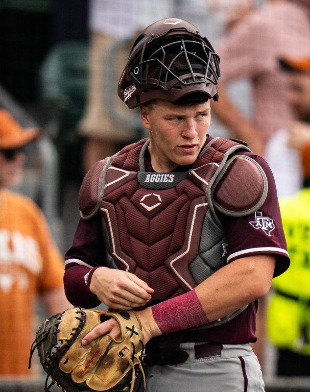 Texas A&M catcher Bear Harrison (16) prepares for the bottom of the seventh inning as the Longhorns play the Texas A&M Aggies in the second game of a three-game series on Saturday afternoon at UFCU Disch-Falk Field in Austin, April 26, 2025.