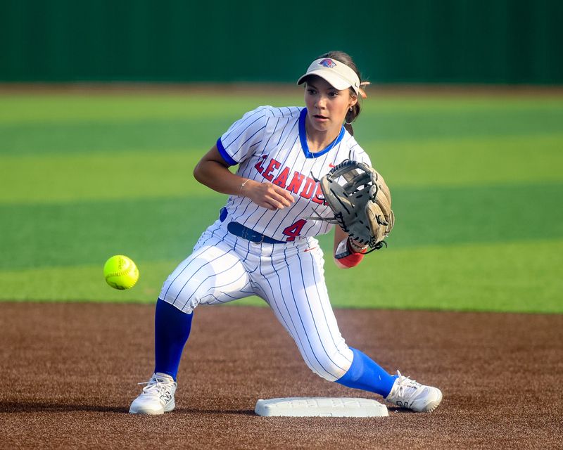 Madelyn Lee makes a play for the Leander softball team against Lehman at home on April 4, 2025.