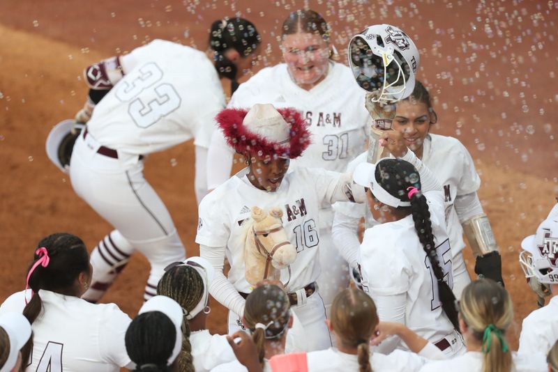 May 9, 2025; Athens, GA, USA; Texas A&M infielder KK Dement (16) reacts to her home run during a game against Texas at Jack Turner Stadium. Mandatory Credit: Mady Mertens-Imagn Images