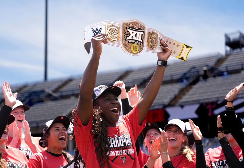 NiJaree Canady (24) celebrates following the 2025 Phillips 66 Big 12 Softball Championship game between Arizona Wildcats and Texas Tech Red Raiders at Devon Park in Oklahoma City, Saturday, May, 10, 2025.