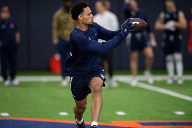 Auburn Tigers defensive back Jerrin Thompson (1) runs drills during Auburn Tigers football pro day at the Woltosz Football Performance Center in Auburn, Ala., on Monday, March 24, 2025.