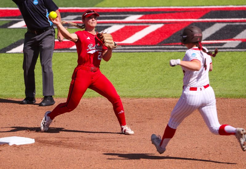Texas Tech's Alexa Langeliers turns a double play against Brown during a game in the Lubbock Regional as part of the 2025 NCAA softball tournament, Friday, May 16, 2025, at Rocky Johnson Field.