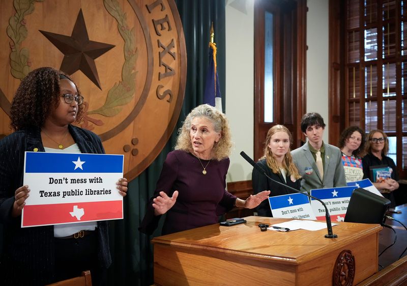 Rep. Donna Howard, D-Austin, speaks against SB 13 and HB 3225 at the Capitol Monday May 19, 2025. Librarians and public library advocates protested the bills, which would restrict access to "indecent" and "profane" content in school libraries and require libraries to implement age verification measures.