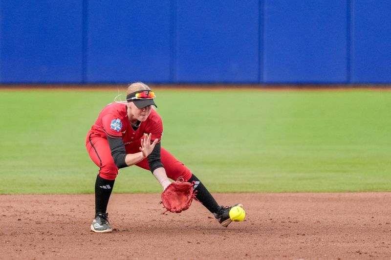 Texas Tech infielder Hailey Toney (32) fields a hit in the second inning during game 3 between Texas Tech and Ole Miss at the Women’s College World Series at Devon Park in Oklahoma City, on Thursday, May 29, 2025.
