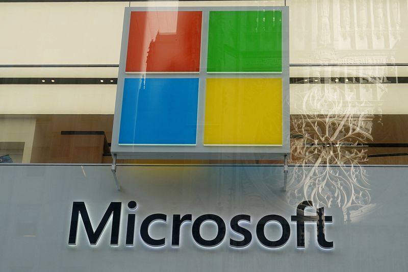 FILE PHOTO: A Microsoft logo is pictured on a store in New York
