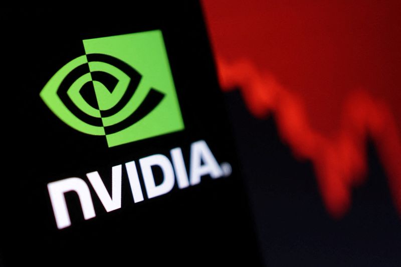 Illustration shows Nvidia logo and decreasing stock graph