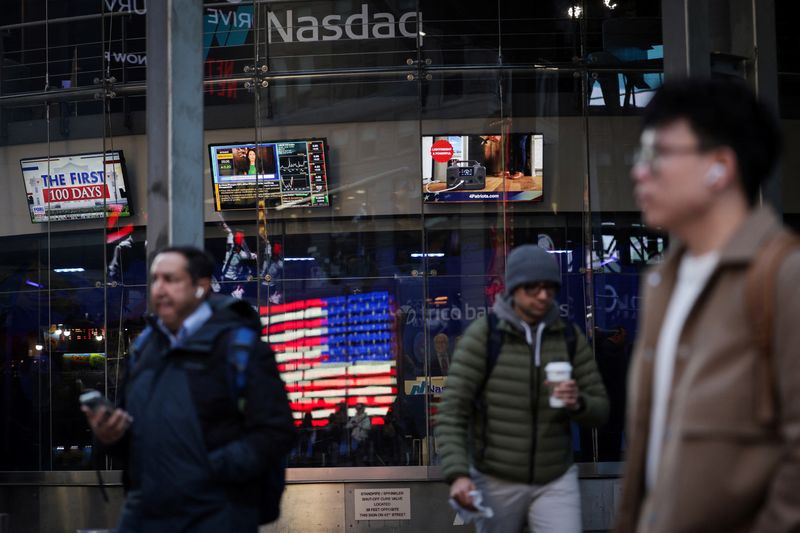 Nasdaq market site as U.S. stock markets opened Tuesday following Monday’s broad sell-off in New York