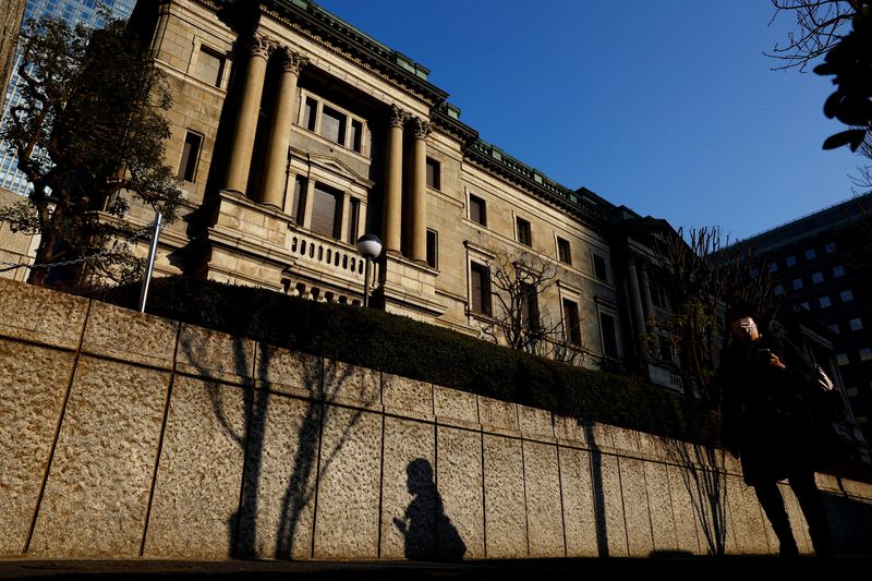 FILE PHOTO: FILE PHOTO: A passerby walks past in front of the Bank of Japan headquarters in Tokyo