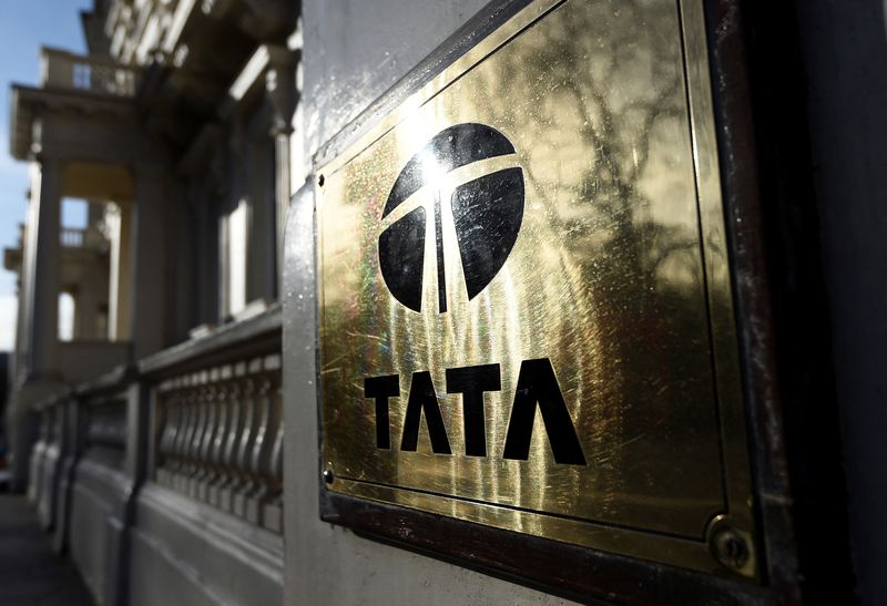 FILE PHOTO: A Tata sign is seen outside their offices in London