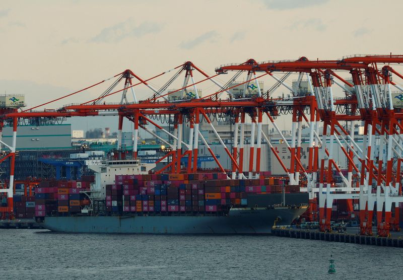 Bangkok Bridge, a container ship, is seen at Shinagawa Container Terminal in Tokyo