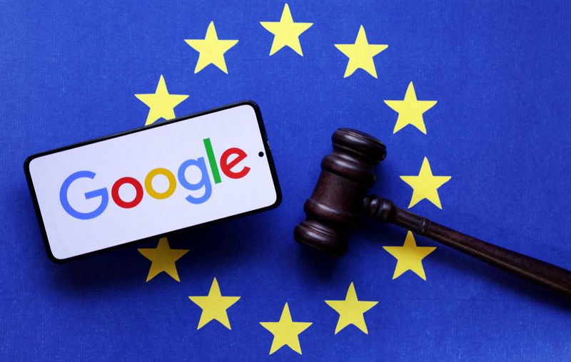 FILE PHOTO: Google logo, EU flag and Judge gavel are seen in this illustration taken, August 6, 2024. REUTERS/Dado Ruvic/Illustration/File Photo