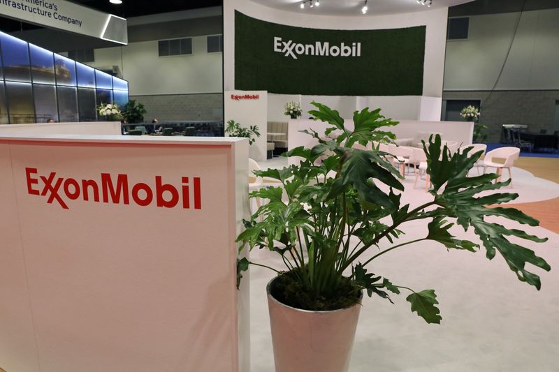 FILE PHOTO: Plants are displayed at the booth of American multinational oil and gas corporation ExxonMobil during the LNG 2023 energy trade show in Vancouver, British Columbia, Canada, July 12, 2023. REUTERS/Chris Helgren/File Photo