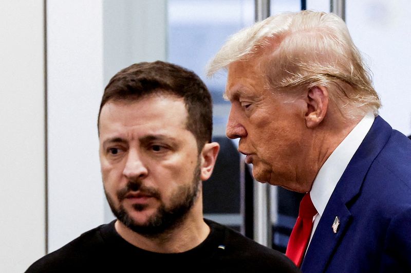 FILE PHOTO: Republican presidential nominee and former U.S. President Donald Trump and Ukraine's President Volodymyr Zelenskiy meet at Trump Tower in New York City, U.S., September 27, 2024. REUTERS/Shannon Stapleton/File Photo
