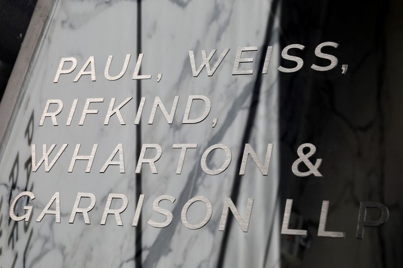 FILE PHOTO: Signage is seen outside of the law firm Paul, Weiss, Rifkind, Wharton & Garrison LLP in Washington, D.C., U.S., August 30, 2020. REUTERS/Andrew Kelly/File Photo