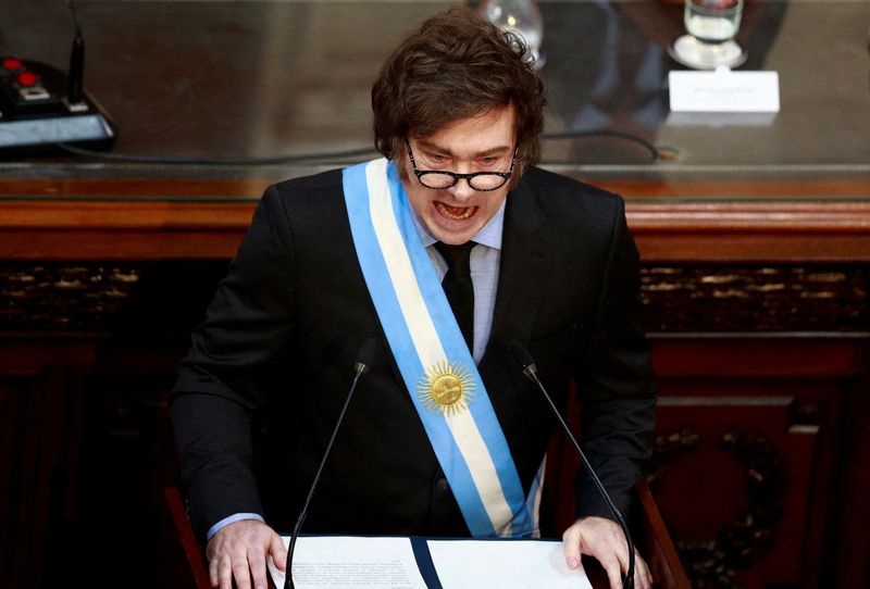 FILE PHOTO: Argentina's President Javier Milei attends the opening session of the legislative term, at the National Congress, in Buenos Aires, Argentina, March 1, 2025. REUTERS/Matias Baglietto/File Photo