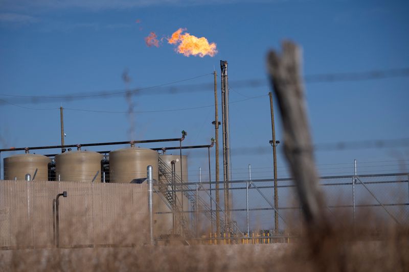 A flare burns off excess natural gas in the Permian Basin oil field near Odessa, Texas, U.S. February 18, 2025.  REUTERS/Eli Hartman/File Photo