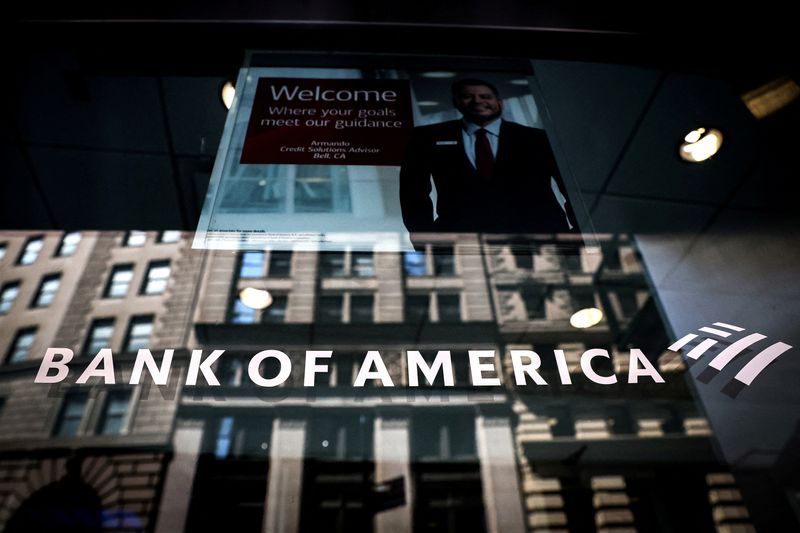 FILE PHOTO: A Bank of America logo is seen on the entrance to a Bank of America financial center in New York City, U.S., July 11, 2023.  REUTERS/Brendan McDermid/File Photo