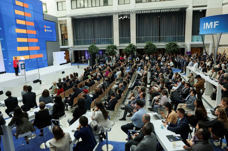 FILE PHOTO: International Monetary Fund (IMF) Managing Director Kristalina Georgieva delivers remarks on the global economy, ahead of the IMF/World Bank Spring Meetings, at the IMF headquarters in Washington, D.C., U.S., April 17, 2025. REUTERS/Leah Millis/File Photo
