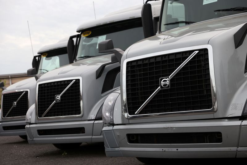 FILE PHOTO: Volvo trucks are seen for sale in Linden, New Jersey, U.S., May 23, 2022. REUTERS/Andrew Kelly/File photo