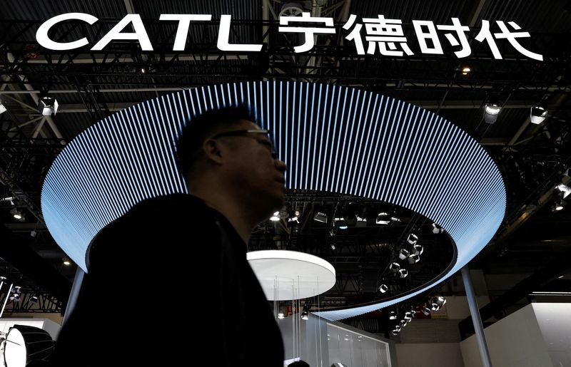 FILE PHOTO: A sign of battery manufacturer CATL is pictured at its booth the Beijing International Automotive Exhibition, or Auto China 2024, in Beijing, China, April 25, 2024. REUTERS/Tingshu Wang/File Photo