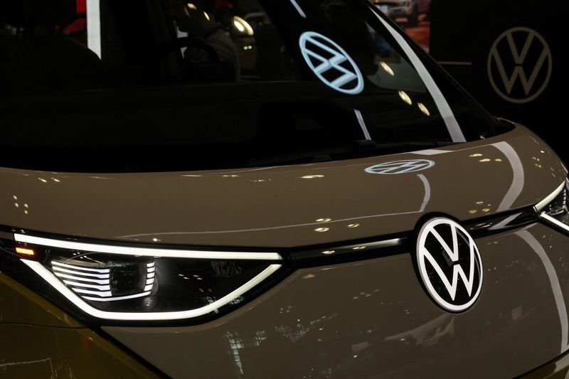 FILE PHOTO: Volkswagen automobile logos are seen during the New York International Auto Show Press Preview in New York City, U.S., April 16, 2025. REUTERS/Shannon Stapleton/File photo