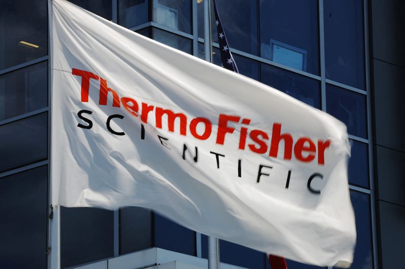 FILE PHOTO: A company flag flies outside the offices of Thermo Fisher Scientific offices in Waltham, Massachusetts, U.S., August 2, 2023.     REUTERS/Brian Snyder/File Photo
