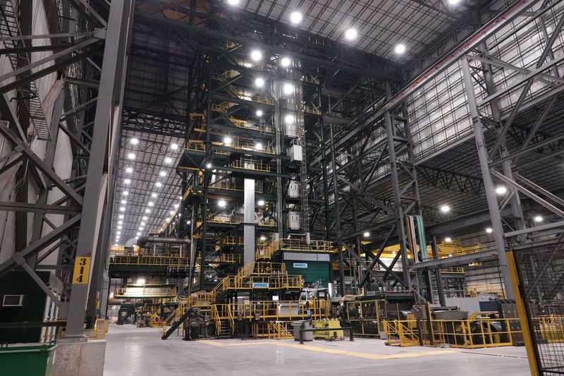 A general view of an interior of a Nucor steel factory in Blytheville, Arkansas, U.S., March 28, 2025.  REUTERS/Karen Pulfer Focht/File Photo
