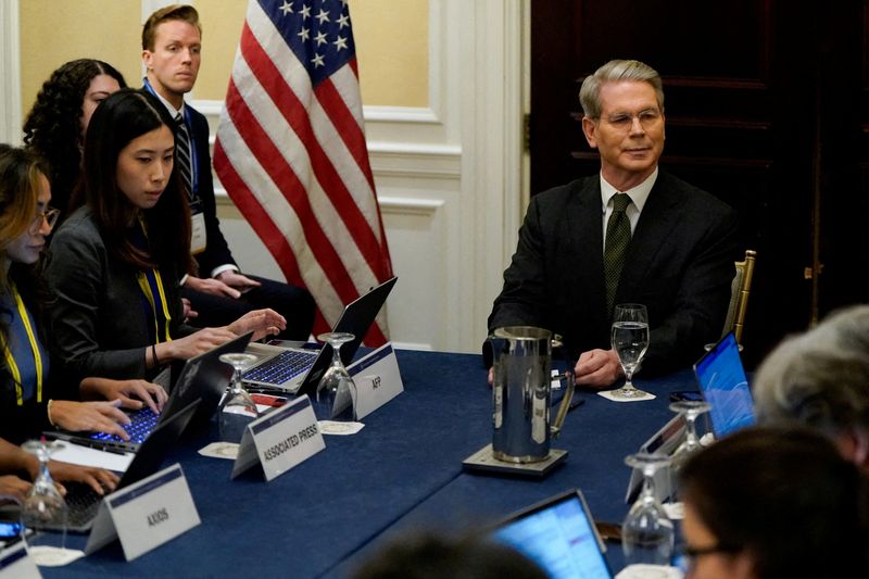 U.S. Treasury Secretary Scott Bessent takes questions from reporters at the Institute of International Finance (IIF) Global Outlook Forum on sidelines of the IMF and World Bank’s 2025 annual Spring Meetings in Washington, D.C., U.S., April 23, 2025. REUTERS/Elizabeth Frantz