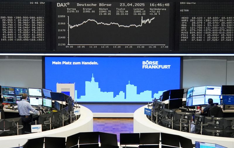 FILE PHOTO: The German share price index DAX graph is pictured at the stock exchange in Frankfurt, Germany, April 23, 2025.   REUTERS/staff/File Photo