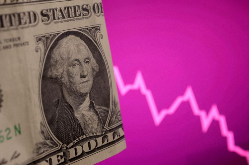 FILE PHOTO: A U.S. dollar banknote and decreasing stock graph are seen in this illustration taken, April 4, 2025. REUTERS/Dado Ruvic/Illustration/File Photo