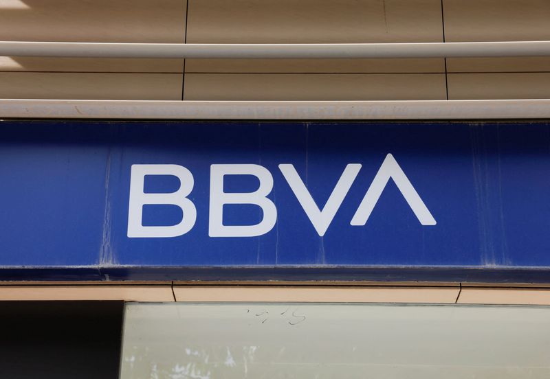 FILE PHOTO: The logo of BBVA is seen on the facade of a BBVA bank branch office in Malaga, Spain, April 24, 2024. REUTERS/Jon Nazca/File Photo