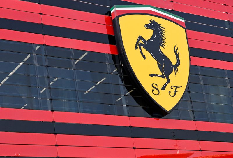 FILE PHOTO: The logo of Ferrari is seen in the headquarters as CEO Benedetto Vigna unveils the company's new long term strategy, in Maranello, Italy, June 15, 2022. Picture taken June 15, 2022. REUTERS/Flavio Lo Scalzo/File photo