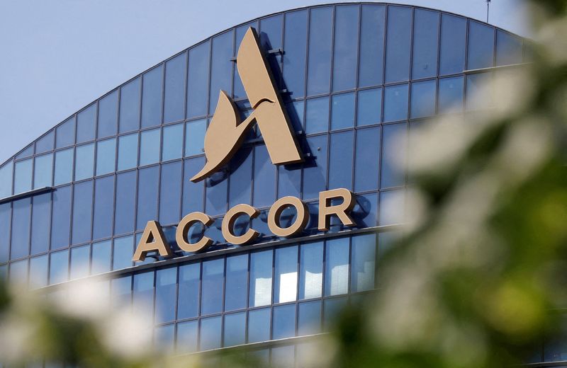 FILE PHOTO: The logo of French hotel operator AccorHotels is seen on top of the building company's headquarters in Issy-les-Moulineaux near Paris, France, May 27, 2020.  REUTERS/Charles Platiau//File Photo