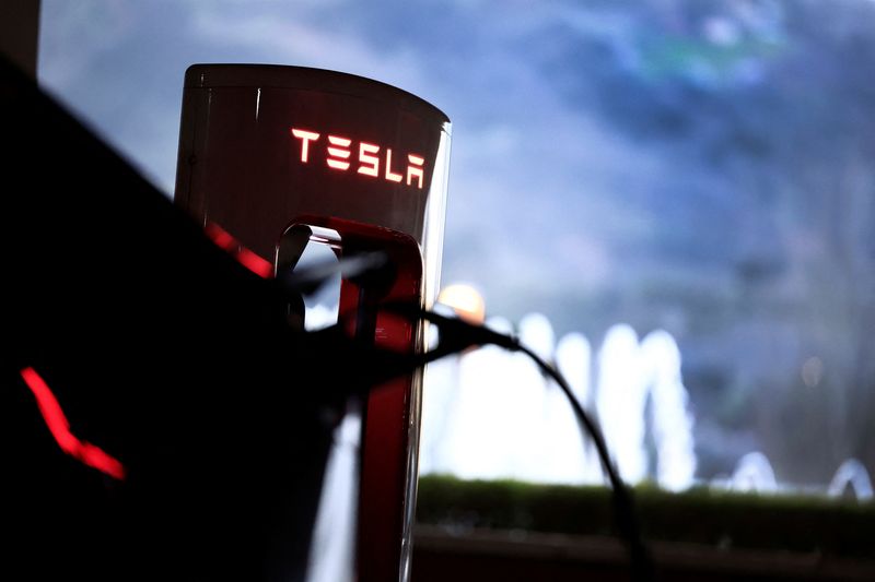 A Tesla electric vehicle is charged at a Tesla Supercharger battery charging station in Barakaldo, Spain, March 29, 2025. REUTERS/Vincent West