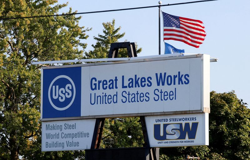 FILE PHOTO: A United Steelworkers sign is seen outside the Great Lakes Works United States Steel plant in River Rouge, Michigan U.S., September 16, 2024.  REUTERS/Rebecca Cook/File Photo