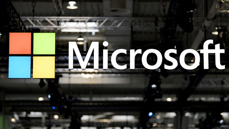 FILE PHOTO: A view shows the Microsoft logo on the day of the Hannover Messe, one of the world's largest industrial trade fairs, in Hanover, Germany, March 31, 2025.  REUTERS/Fabian Bimmer/File Photo