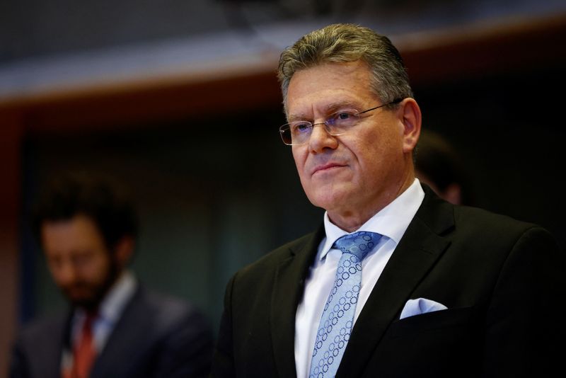 FILE PHOTO: Maros Sefcovic, the nominee to become the European Union's trade and economic commissioner, faces a confirmation hearing before the European Parliament's international trade and constitutional affairs committees, in Brussels, Belgium November 4, 2024. REUTERS/Johanna Geron/File Photo
