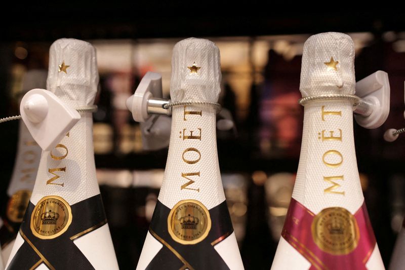 FILE PHOTO: Moet Champagne bottles are displayed on a shelf in a supermarket in Sarajevo, Bosnia and Herzegovina, October 29, 2024. REUTERS/Dado Ruvic/File Photo